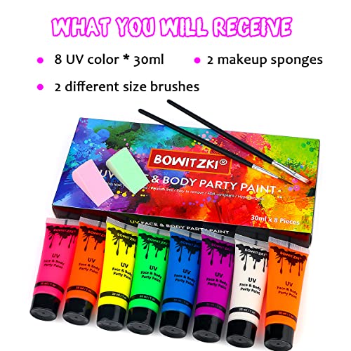 Bowitzki UV Neon Face Paint Kit 8x30ml Glow in Dark