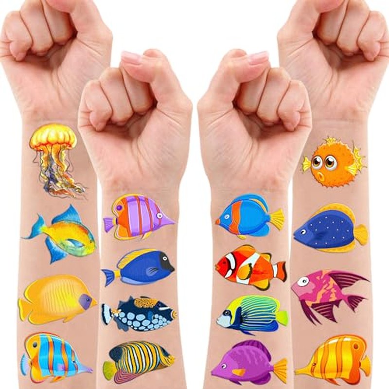 96PCS Tropical Fish Temporary Tattoos Ocean Themed Birthday Party Decorations Supplies Favors Decor Cute Colorful Under The Sea Animals Tattoo Stickers Gifts For Kids Boys Girls School Prizes Carnival