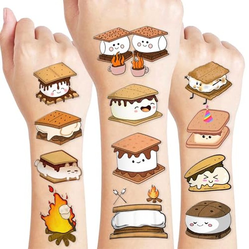 96PCS Smores Pre-Cut Temporary Tattoos Campfire Birthday Party Decorations Favors Supplies Camping Baby Shower Themed Stickers 8 Sheets Gifts for Kids Girls Boys Decor Class School (Normal)