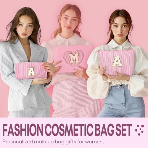 Initial Makeup Bags for Women, 2-Piece Set, Pink