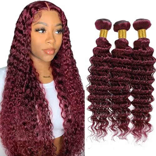 #99J Burgundy Deep Wave Human Hair Bundles 3 Pack