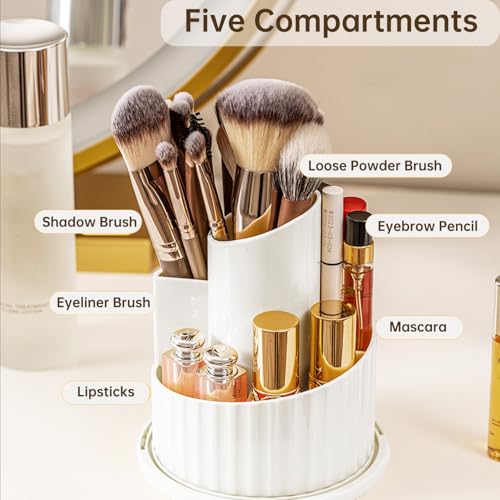 Makeup Brush Holder Organizer with Lid, 360 Rotating Dustproof Transparent Makeup Brushes Organizer for Vanity Dresser Bathroom Countertop(White with Clear Cover)