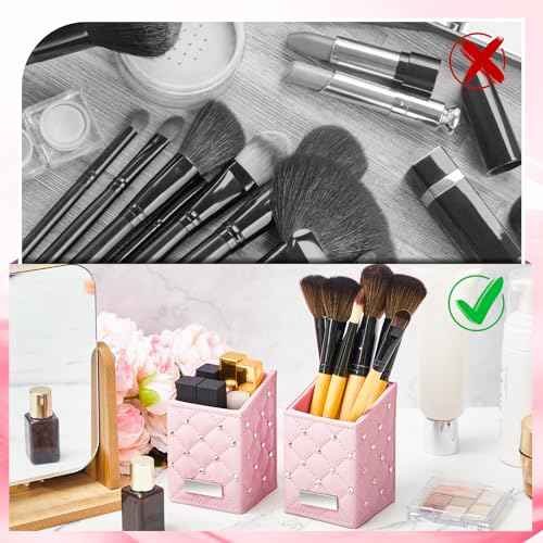 ReliThick 2 Pcs Pink Makeup Brush Holder Crystal Bling Brushes Cup PU Leather Waterproof Glitter Makeup Holder for Women Travel Cosmetic Storage Organizer Dresser Vanity Accessories