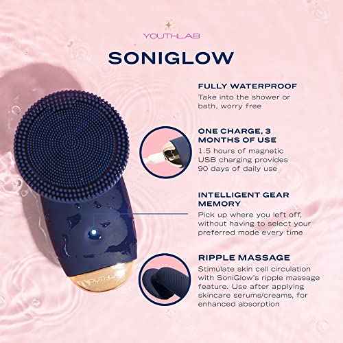 SoniGlow Silicone Facial Cleansing Brush ? Electric Vibrating Skincare Scrubber Tool for Deep Pore Cleansing, Gentle Massage, Makeup Removal, Waterproof and Rechargeable (Navy)