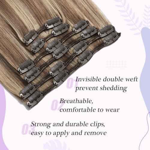 Sindra Human Hair Clip in Extensions Balayage Golden Brown to Light Blonde Hair Extensions Clip In Highlights Blonde 14 Inch 100g 6pcs Thick Double Weft C14#10/16/16