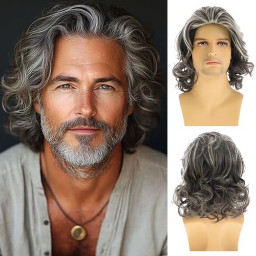Men's Short Curly Wavy Grey Wig - Mixed Grey Cosplay Costume Hair