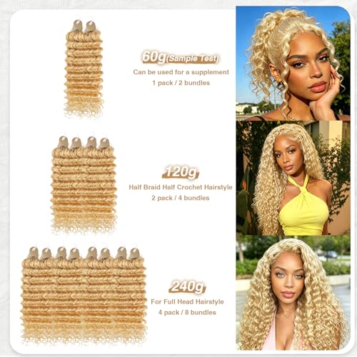 DRESSMAKER 613 Blonde Human Crochet Hair 18 Inch 60g Pre-Separated Feather Extensions - Deep Wave, Easy Install, Invisible Knots