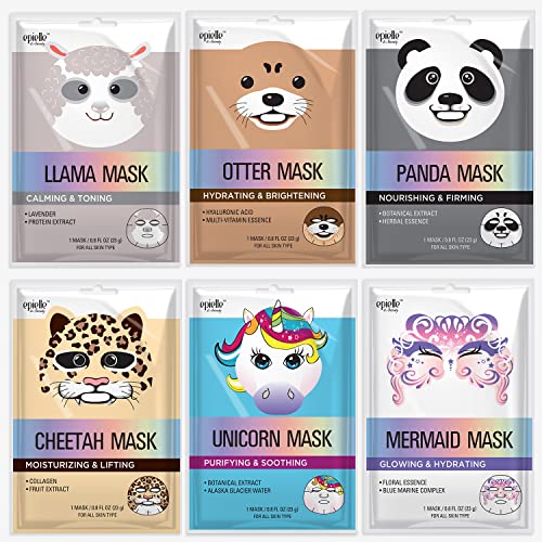 Epielle Animal Character Sheet Masks | Korean Spa Masks for All Skin Types | Spa Gifts, Kids' Birthday Party, Girls' Night, Skincare Party | Assorted 6 Pack | Korean Skincare