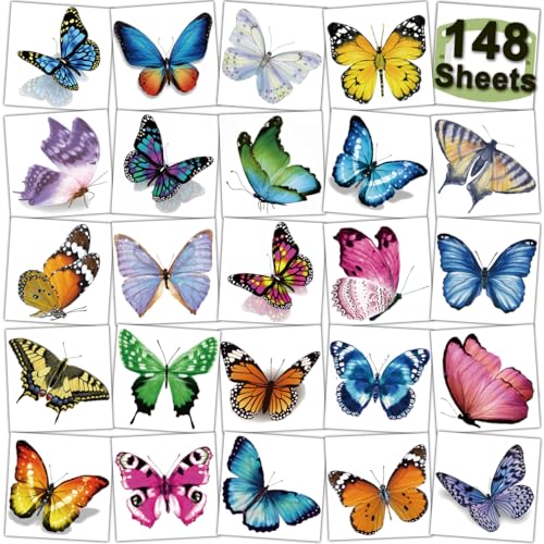148 Individually Sheets Butterfly Temporary Tattoos for Girls Women - 3D Realistic Butterfly Tattoos for Kids Birthday Party Favors Goodie Bag Fillers