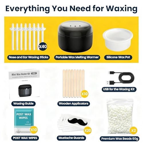 Nose Wax Kit, 120g Wax Beads, Nose Hair Wax for Men and Women, 15-20 Uses Painless Nasal & Ear Hair Removal With 40 Applicators, Wooden Sticks, Balm Wipes and Moustache Guards | Lasts up to 5 Weeks