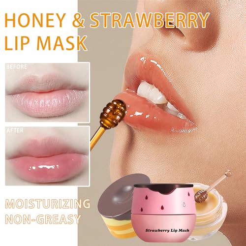 2PCS Bee Lip Balm Honey Pot, Honey Strawberry Lip balm Lip Mask with Stick, Moisturizing Lip Sleeping Mask Day & Night Lip Care - Hydrate Repair Prevent Dry Cracked Exfoliate (Honey & Strawberry)