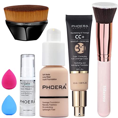 PHOERA Foundation,PHOERA CC+ Cream Color Correcting Anti Aging Hydrating Serum &SPF 25+,PHOERA Primer,PHOERA Makeup,Kabuki Makeup Brushes Foundation Brush Powder (101 Porcelain+100 Porcelain CC Cream)