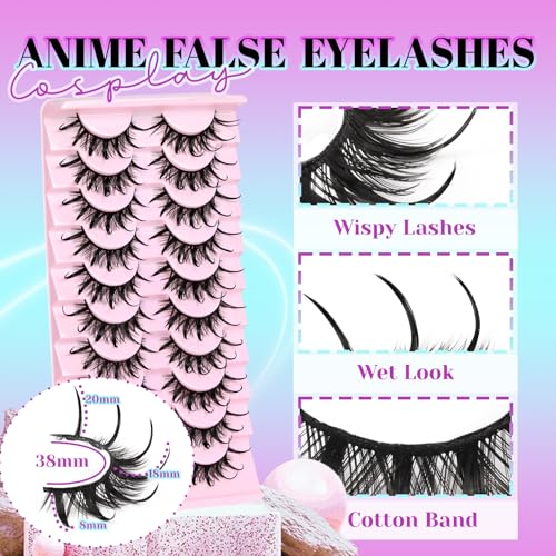 Losha Manga Spiky Lashes - 10 Pairs D Curl Cat Eye with Glue & Tweezer