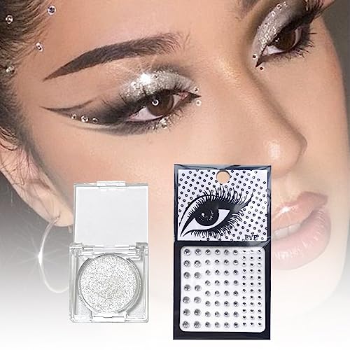 Silver Glitter Eyeshadow & 3Pcs Face Gems Stick on Set, Shimmer Cream Eye Shadow & Hair Jewels Face Rhinestones, Single Eyeshadow Palette & Body Gems Diamonds for Eye Makeup