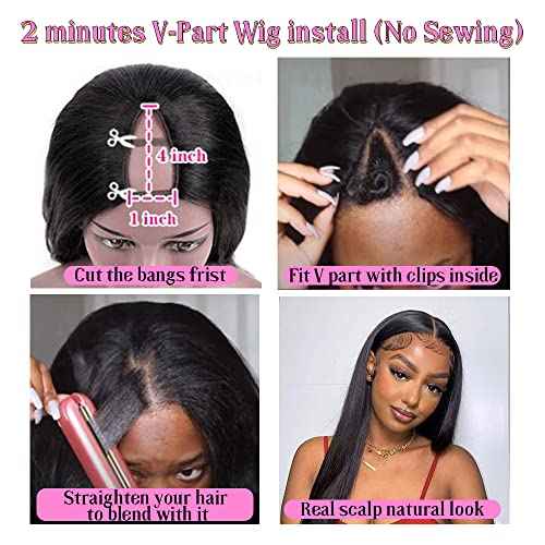 CHEETAHBEAUTY V Part Wigs Human Hair 16 Inch No Leave Out Lace Front Wigs Upgrade U Part Wigs Brazilian Virgin Straight Human Hair Wigs for Women 180% Density Natural Color