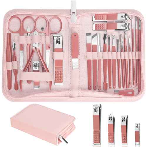 Nail Clippers Set, 26 Piece Manicure Set & Pedicure Kit, Stainless Steel Fingernail & Toenail Clipper Cutters, Professional Nail Care Tools with Luxurious Travel Case for Men and Women, Metallic Pink