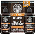 Viking Revolution Coffee Whiskey Beard Wash and Beard Conditioner Set with Argan and Jojoba Oils - Softens and Strengthens - Coffee Whiskey Scent - Beard Shampoo with Ginseng Root Extract (17 oz)