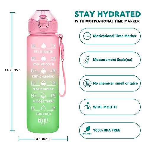 Enerbone 32 oz Drinking Water Bottle with Times to Drink and Straw, Motivational with Carrying Strap, Leakproof BPA & Toxic Free, Ensure You Drink Enough Water for Fitness Gym Outdoor