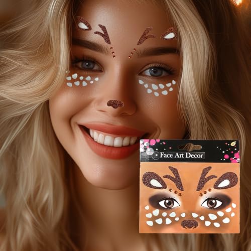 Elk Face Stickers Christmas Reindeer Temporary Tattoo Gems 2PC