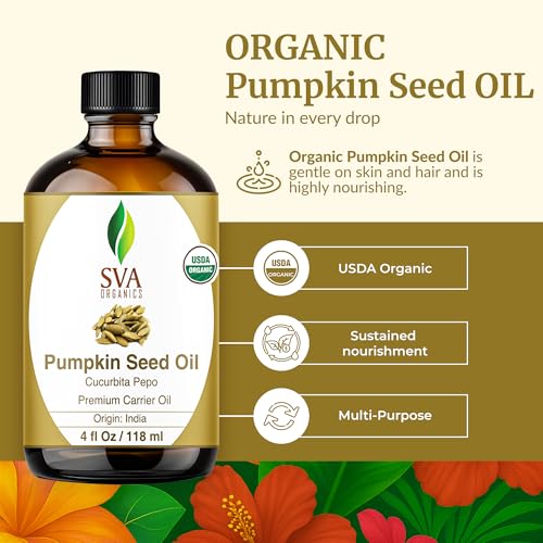 SVA Pumpkin Seed Oil Organic - 4 Fl Oz ? 100% Natural Cold Pressed Organic Pumpkin oil - for Face, Skin Care, Hair Care, Scalp Massage & Body Massage ? Carrier Oil with Dropper