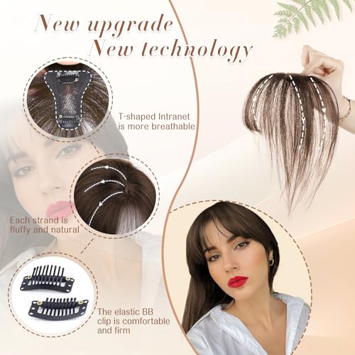 Vigorous Clip in Bangs Real Human Hair 360° Cover Bangs Hair Clip, Wipsy Bangs Reddish Brown Hair Clip on Bangs for Women (Mocha Brown)