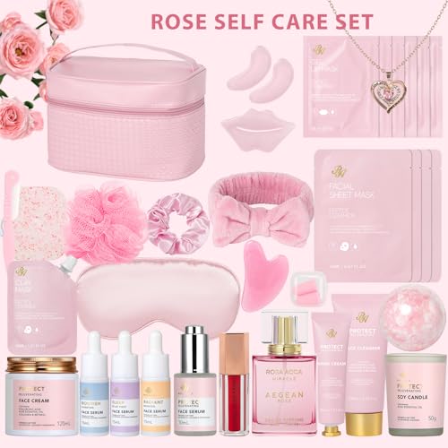 Rose Facial Skin Care Set, 33 Pcs Bath & Body Spa Basket for Women, Beauty Care Kit, Sheet Mask, Makeup Bag, Face Serum, Bath Bomb, Perfume, Christmas, Mother Day, Valentine's, Birthday, Baby Shower