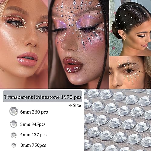 3584 PCS Self Adhesive White Pearl Clear Rhinestones Face Gems, Flat Back Bling Jewels Temporary Stickers for Makeup Face Eye Hair DIY, Rainbow&Transparent Rhinestones