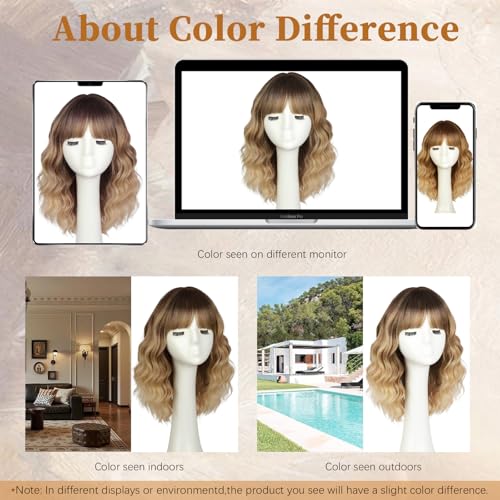 Lativ Blonde Bob Wig with Bangs Short Wavy Curly