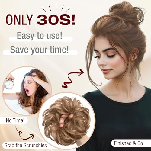 Ash Blonde Mix Ginger Brown 2PCS Messy Bun Hair Extensions Thick Updo Scrunchies for Women Girls