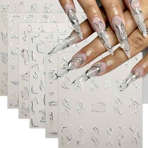 6 Sheets Lines Nail Art Stickers Decals Silver Stripe Line Nail Decals 3D Self-Adhesive Abstract Marble Wave Nail Design Holographic Irregular Line Nails Supplies Nail Accessories for Women Nail Decor