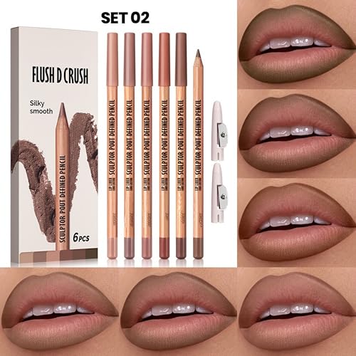 MAEPEOR Lip Liner Set 6Pcs Pure Natural Oak Brown Pink Red Series Lip Liners Smooth High Pigmented Matte Finish Lipliner Pen Kit (Set 02)