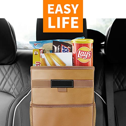 HOTOR Car Trash Can with Lid, Brown, 2 Gallon Capacity, Waterproof and Leak-Proof Design, Magnetic Snaps for Easy Replacement of Trash Bags