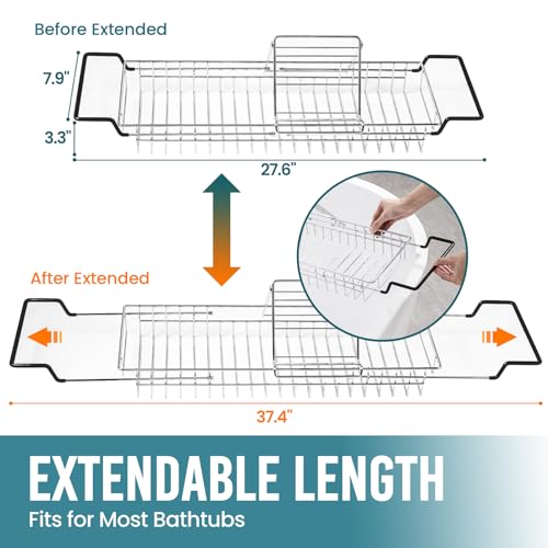Expandable Bathtub Caddy Tray with Tablet Holder | 304 Stainless Steel