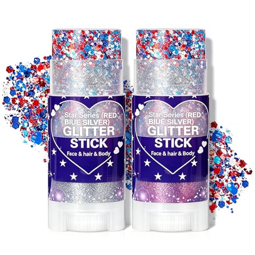 Patriotic Red White Blue Glitter Stick - 2 Pack, Waterproof Face & Body Makeup