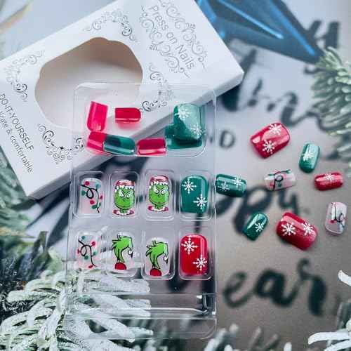 Christmas Press on Nails Short Square Fake Nails with Snowflake Green Monster Cute Cartoon Designs Xmas Nails Glitter Red Green Winter False Nails Full Cover Christmas Glue on Nail for Women 24Pcs