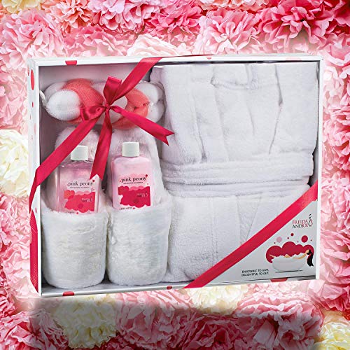 Luxury Home Spa Gift Basket with Pink Peony Scent - Indulgent Ultra Soft Bathrobe & Plush Slipper Spa Box for Women - Complete Bath & Body Set Luxury Body Care ? Mother's Day Gift for Mom