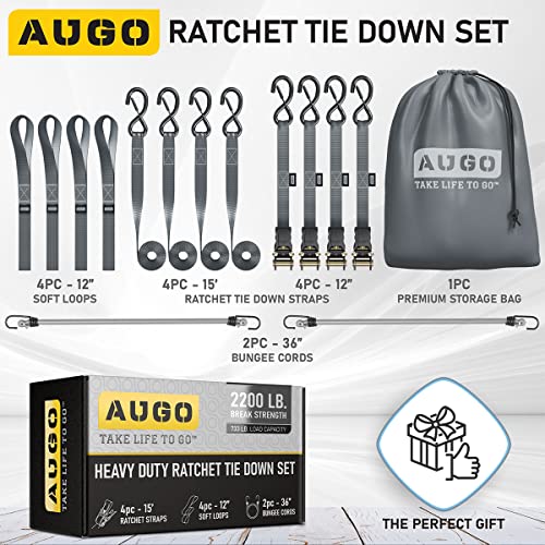 AUGO Ratchet Straps Heavy Duty 4 Pack -15 FT - 2200 LB Break Strength – Ratchet Tie Down Straps with Safety Lock S Hooks - Cargo Straps for Moving, Appliances, Motorcycle – Soft Loop Tie Down Straps