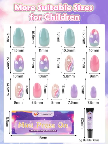 Kids Press-On Nails Set with Heart & Ombre Designs, 26 Pieces for Girls 8-12