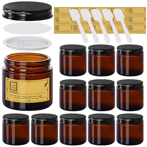 4 oz Glass Jars with Lids,Amber,12 Pack Empty Cosmetic Containers with Inner lids and Inner Liners,Black Metal Lid,Refillable Round Airtight Jars,Use to store Lotion,Powders,Candle Making
