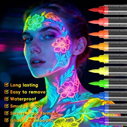 10-Color Glow-in-the-Dark UV Face Paint Set - Washable Neon Markers