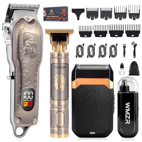 WMZR Gold Professional Hair Clipper Set with T-Shaped Sideburn Trimmer & Nose Hair Groomer