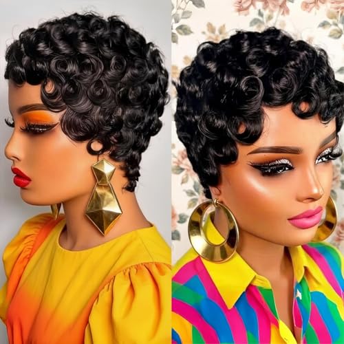 Yrenrea Black Finger Wave Human Hair Pixie Wig Short Curly Glueless Daily Use