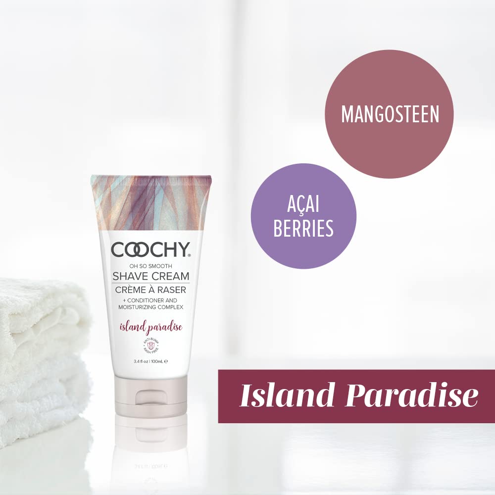 Coochy Rash-Free Shave Cream | Conditioner & Moisturizing Complex | Ideal for Sensitive Skin, Anti-Bump | Made w/Jojoba Oil, Safe to Use on Body & Face | Island Paradise 3.4floz/ 100mL