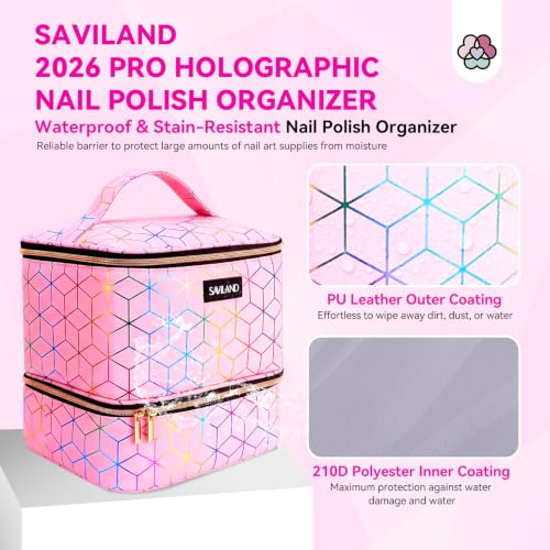 SAVILAND Pink PU Leather Nail Polish Organizer Bag for Nail Tech - A-Pink