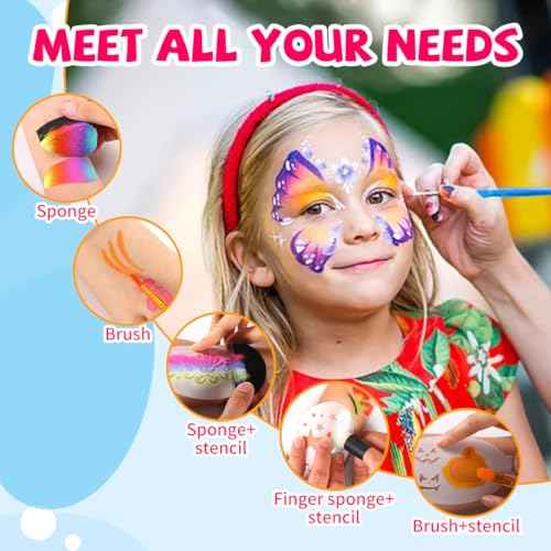 46 pcs Face Paint Stencils Kit,22 Pcs Reusable Facial Painting Stencils Reusable Body Paint Templates with 10 pcs Brushes,14 pcs Sponges for Party Halloween Makeup Depvision Face Paint Accessory Kit