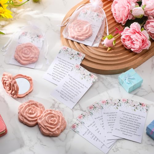30 Sets Bridal Shower Party Favors for Guests Small Rose Compact Mirror Bulk Wedding Favors Thank You Cards and Organza Bags Wedding Party Guests Souvenir Gift (Pink Champagne)