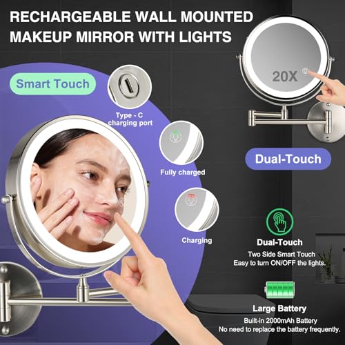 Magnifying Mirror with Lights 1X/20X: 8.5" Double Sided 3000mAh Rechargeable Wall Mounted Lighted Makeup Mirror for Bathroom, Brushed Nickel