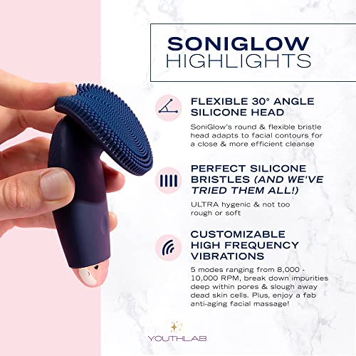 SoniGlow Silicone Facial Cleansing Brush ? Electric Vibrating Skincare Scrubber Tool for Deep Pore Cleansing, Gentle Massage, Makeup Removal, Waterproof and Rechargeable (Navy)