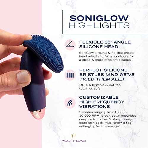 SoniGlow Silicone Facial Cleansing Brush ? Electric Vibrating Skincare Scrubber Tool for Deep Pore Cleansing, Gentle Massage, Makeup Removal, Waterproof and Rechargeable (Navy)