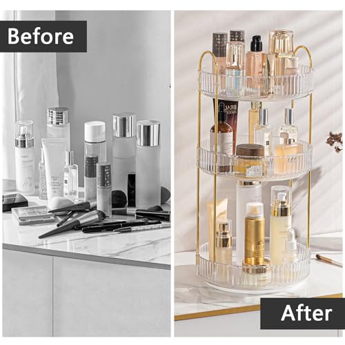 Rotating Makeup Organizer for Vanity, Large Capacity Skincare Perfume Storage, Bathroom Counter Organizer, 360 Spinning Cosmetic Dresser Countertop Organizers (Clear, 3 Tier)